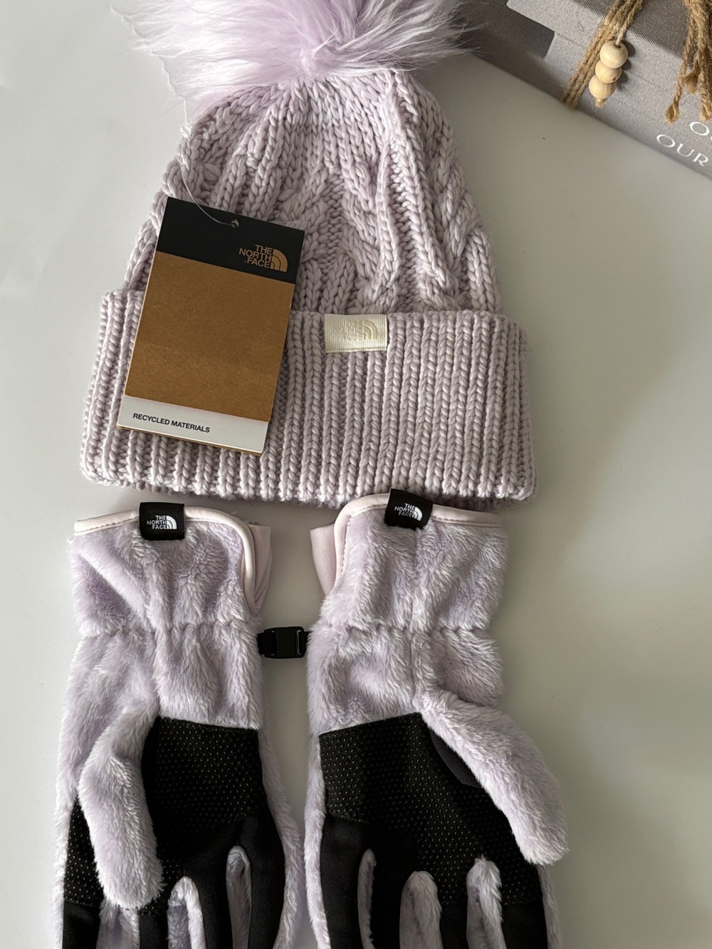 The North Face Lavender Faux-Fur Pom Beanie and Gloves Set